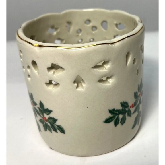 Vintage Christmas Holly Ceramic Votive Candle Holder Pierced Design 4" Height - Picture 2 of 4